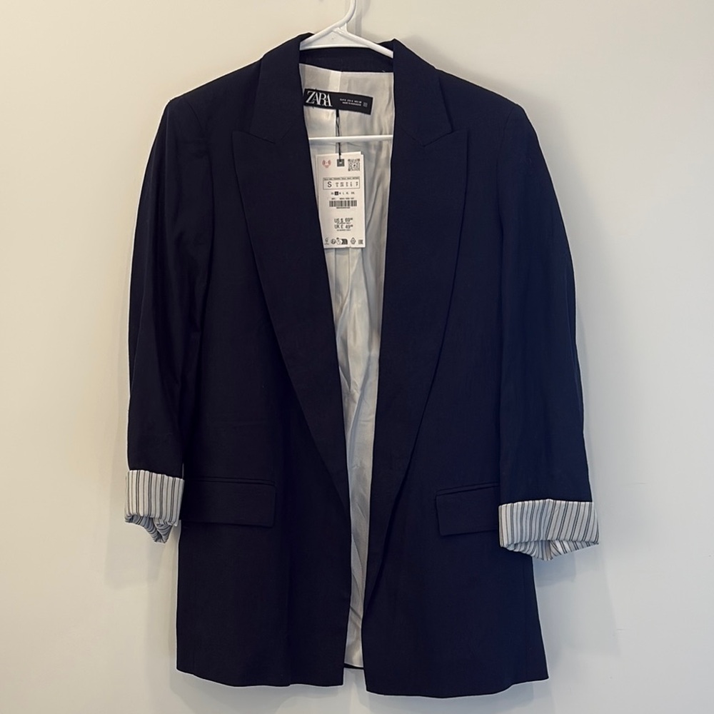 Zara Navy Blazer with Striped Cuffs